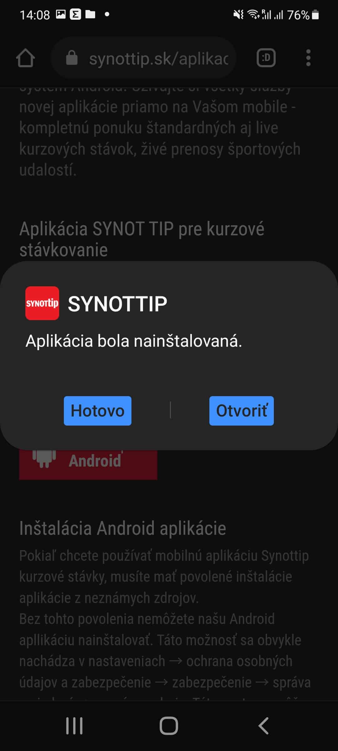 Otvoriť aplikáciu Synot Tip po nainštalovaní
