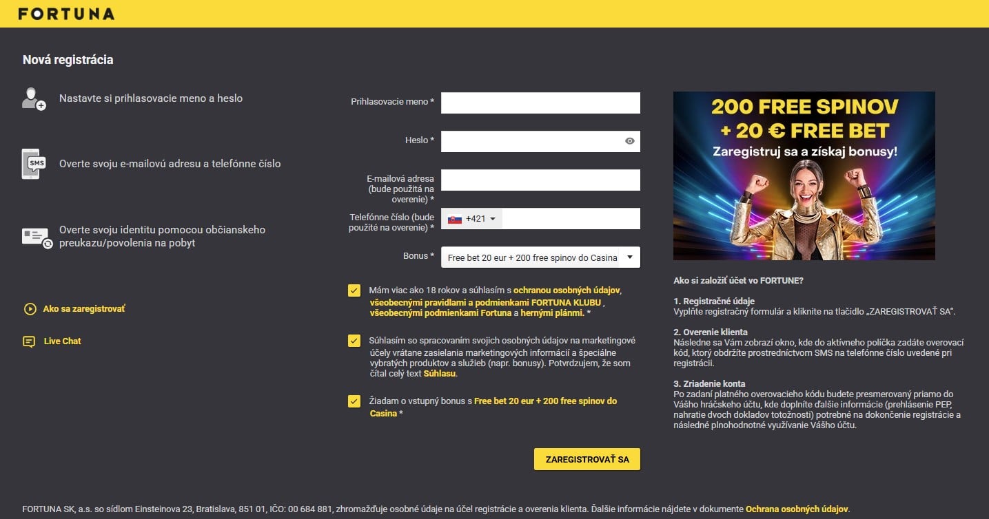 Registračný bonus do Fortuny