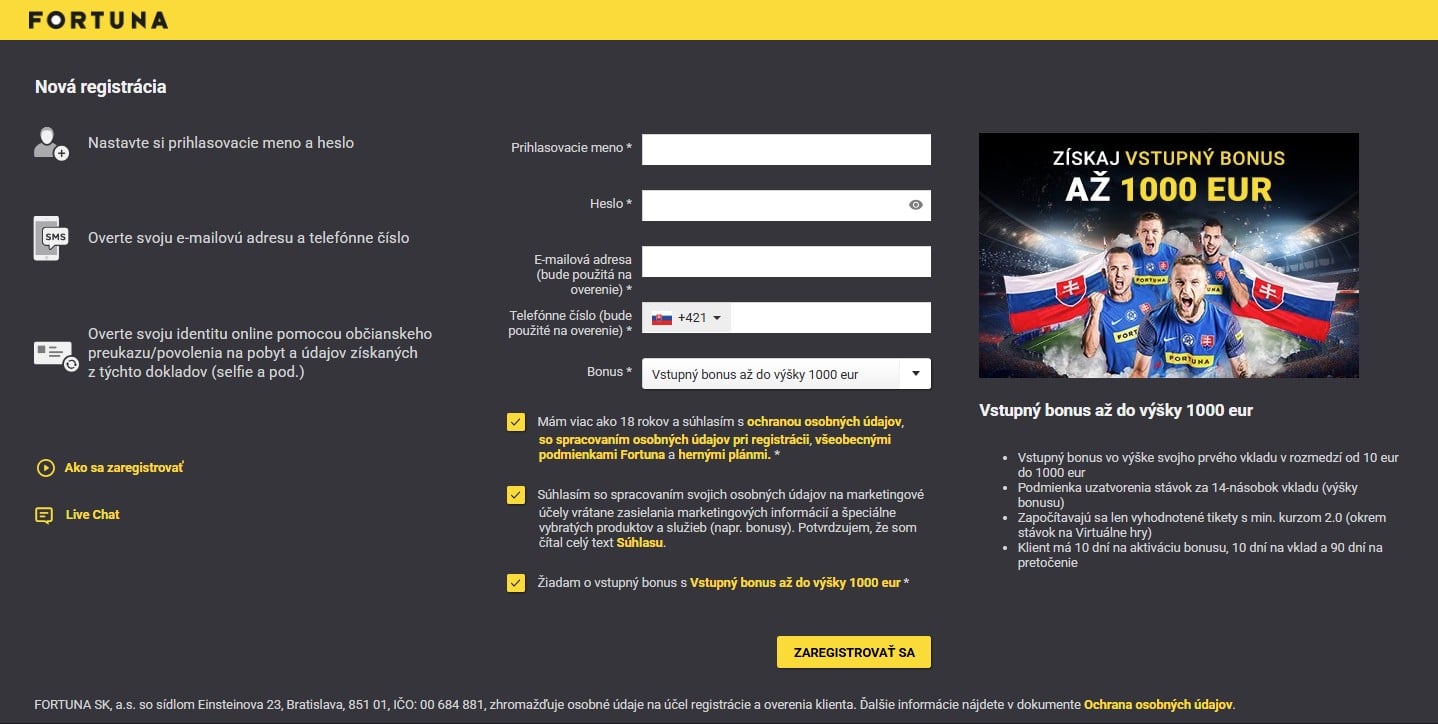 Registrácia do Fortuny - vstupný bonus do výšky 1000 €
