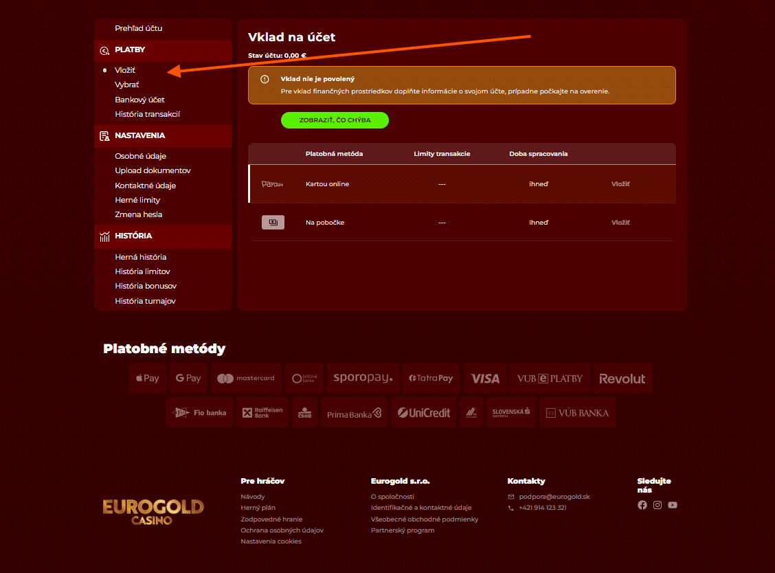 Vložiť do Eurogold kasína