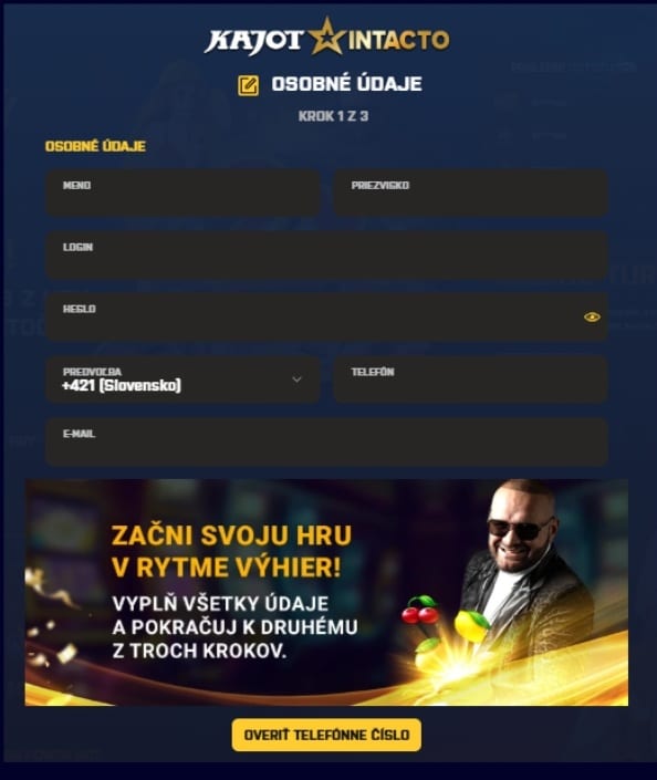 Kajotintacto kasíno - registračný formulár