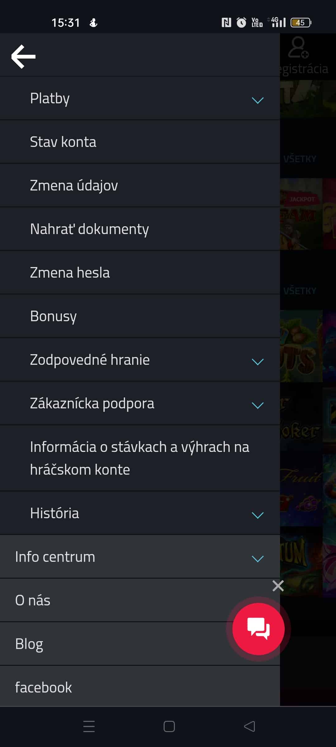 Betor mobilné rozhranie menu