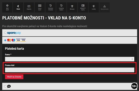 vklad na účet v Synottip kasíne