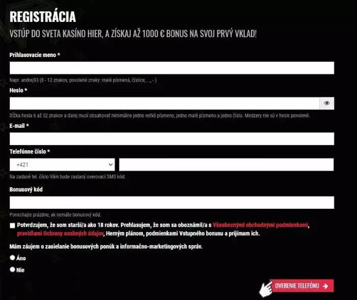 Ukážka registračného formulára v DoubleStar kasíne - Registrácia v Double Star kasíne