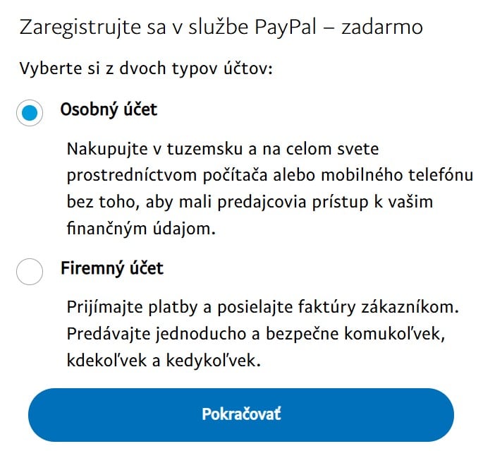 PayPal - registrácia