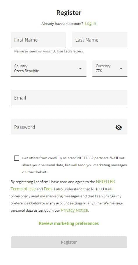 Neteller registračný formulár