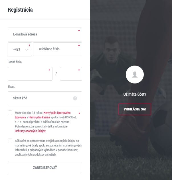 Registrácia v DOXXbet