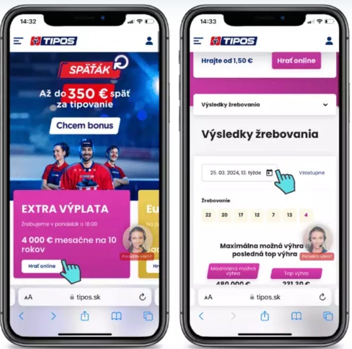Výsledky žrebovania Extra výplaty na stránke Tiposu