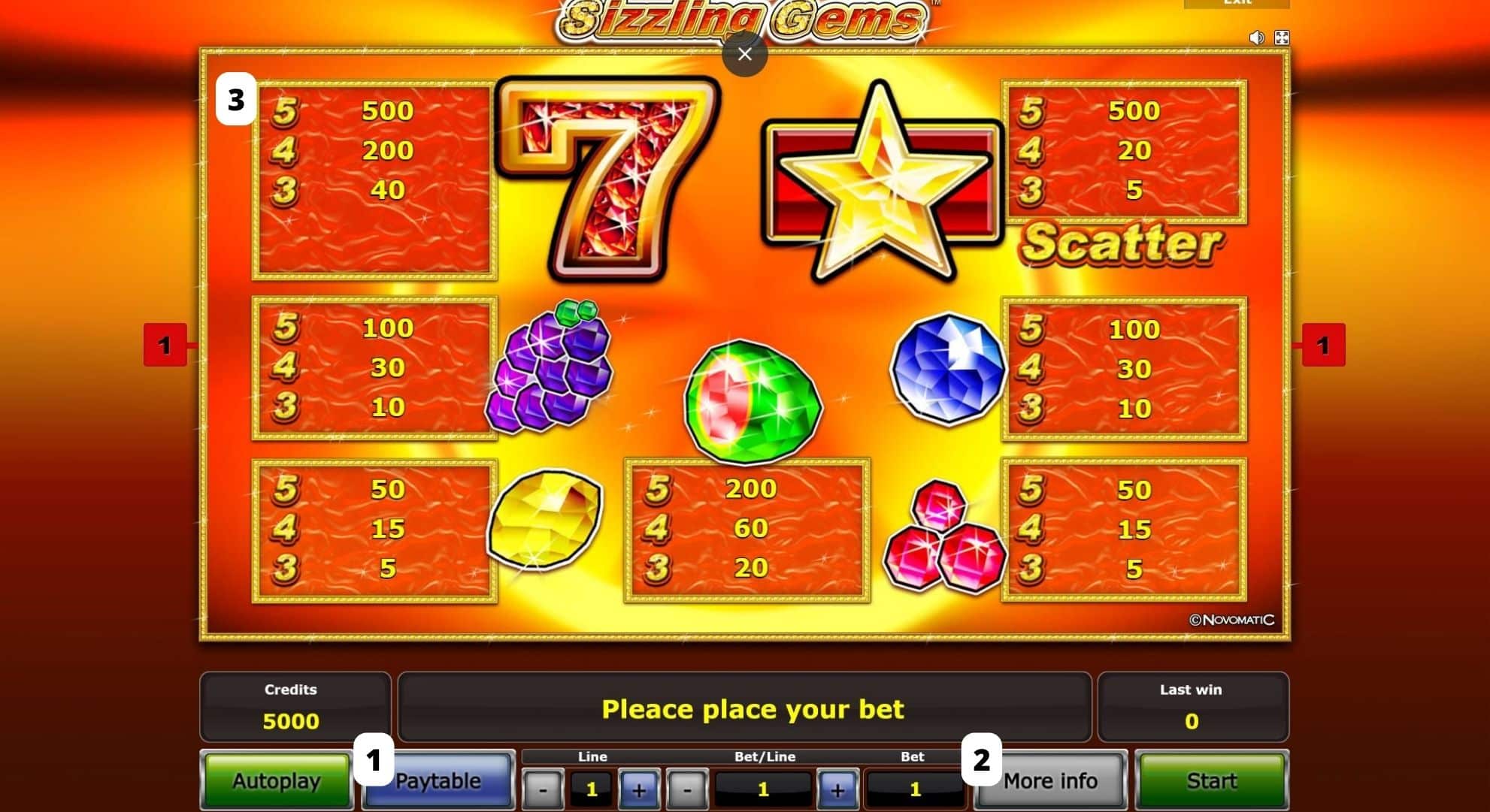 Sizzling Gems online automat Menu