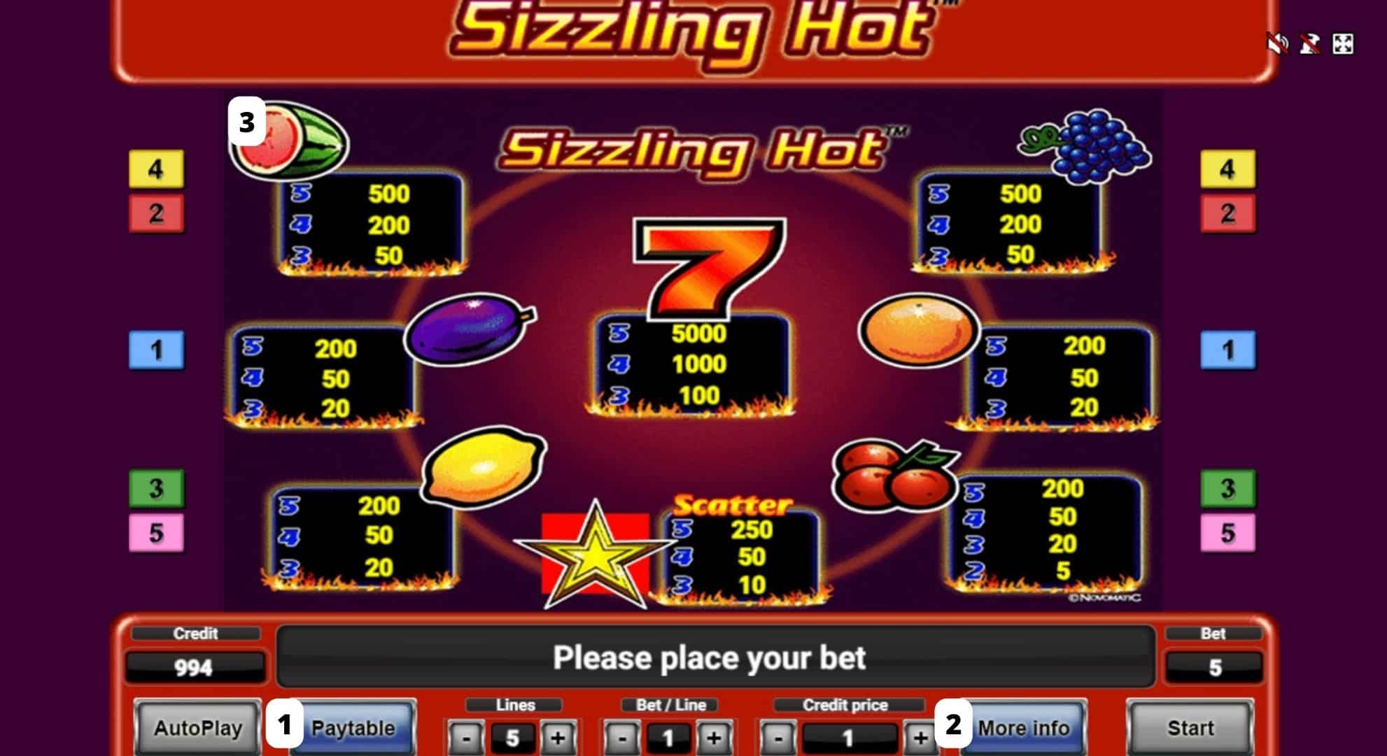 sizzling hot online automat menu