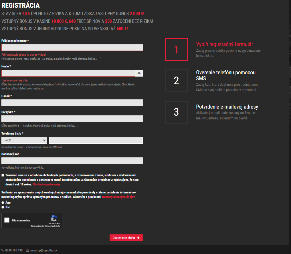 registrácia v synottip