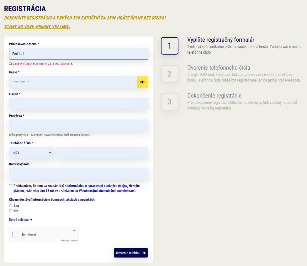 Registrácia v Sazkahry