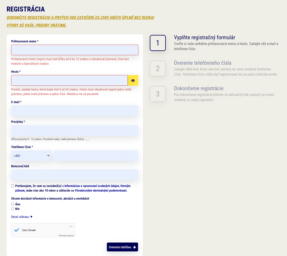 Registrácia v Sazkahry