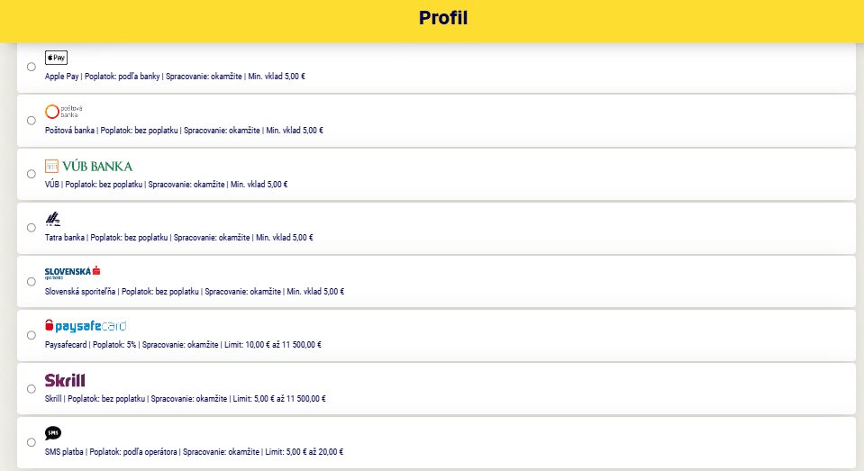 vyber si sposob vkladu