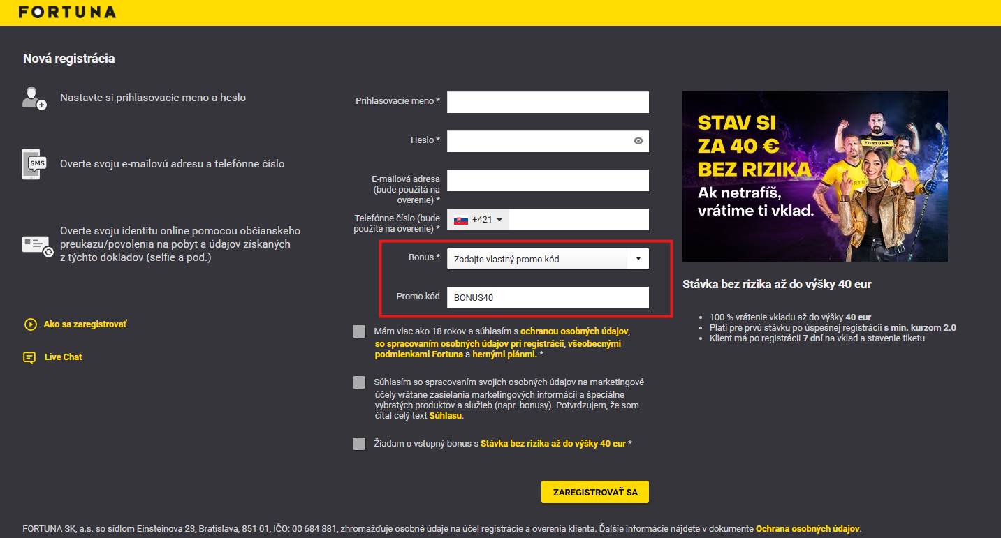Stavka bez rizika 40 € promo kod vo Fortune