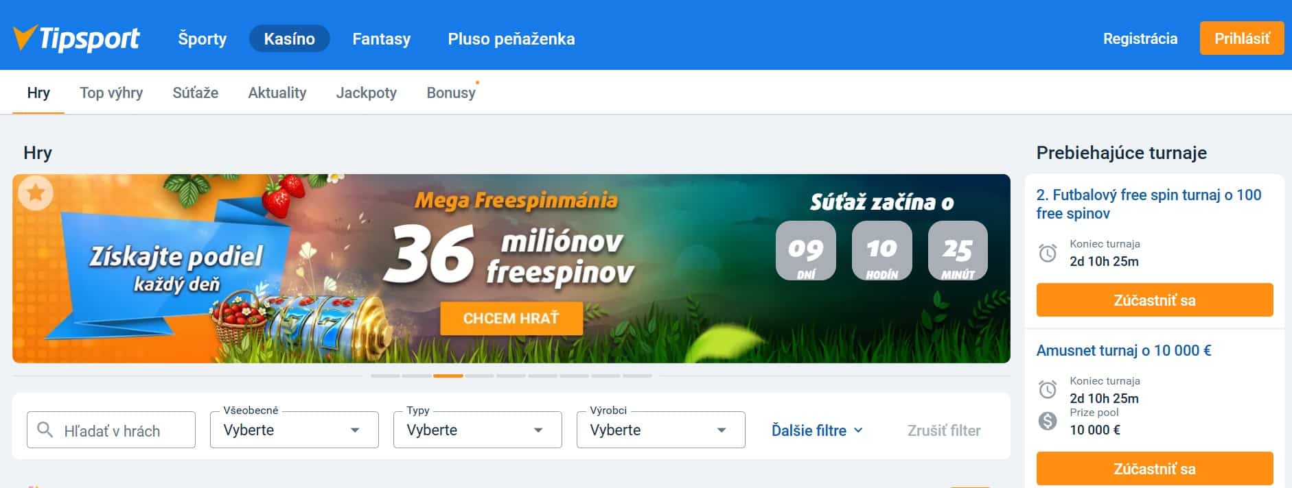 Tipsport uvodná stránka