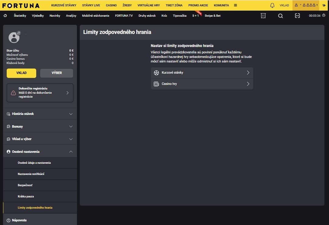 Nastavenie limitov - Fortuna