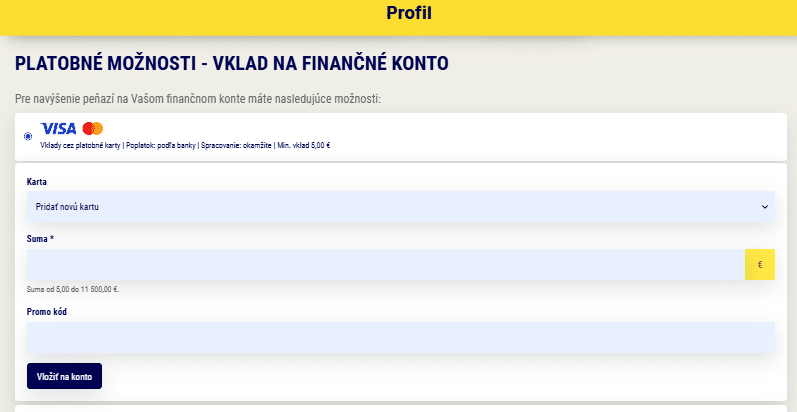 Vklad na finančné konto v Sazkahry