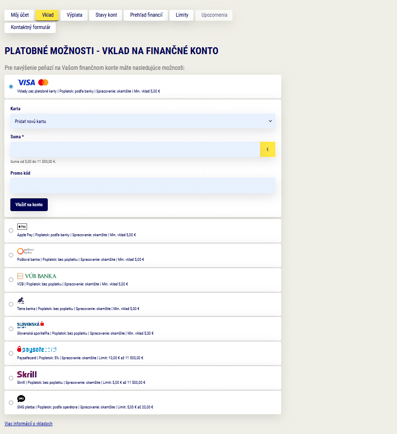metódy vkladu v Sazkahry
