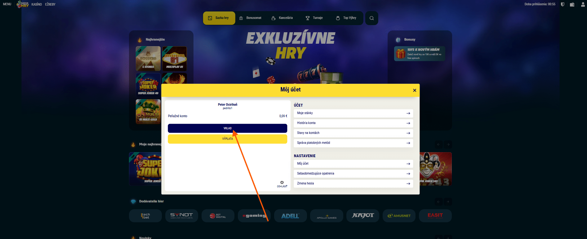 vklad na účet v Sazkahry