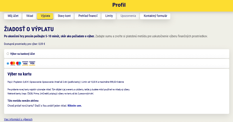 žiadosť o výplatu v Sazkahry