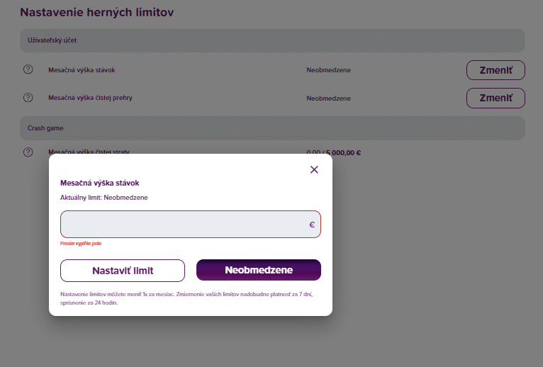 Nastavenie herných limitov