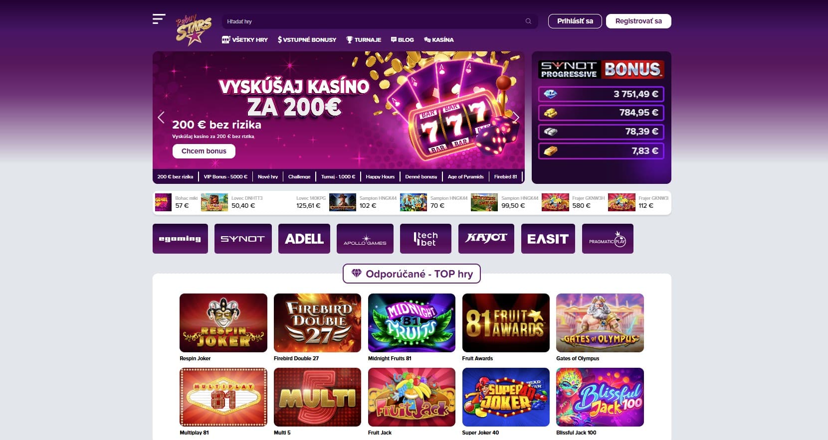 Rebuy Stars kasíno uvodná stránka
