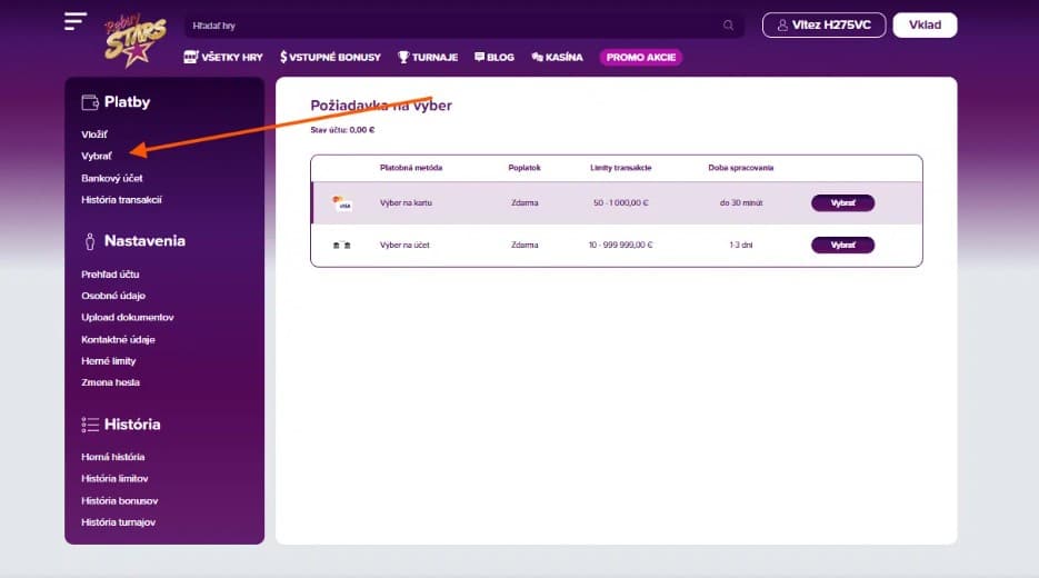 Klikni na sekciu vybrat v RebuyStars v menu
