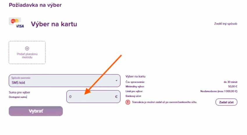 zadaj sumu na vyber v RebuyStars