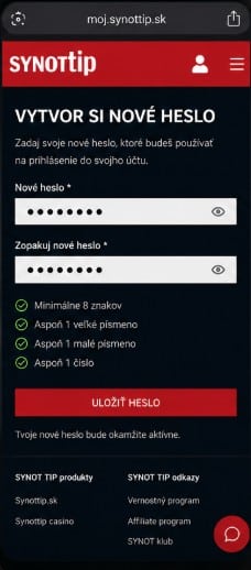 Vytvor si nove heslo v Synottip kasíne