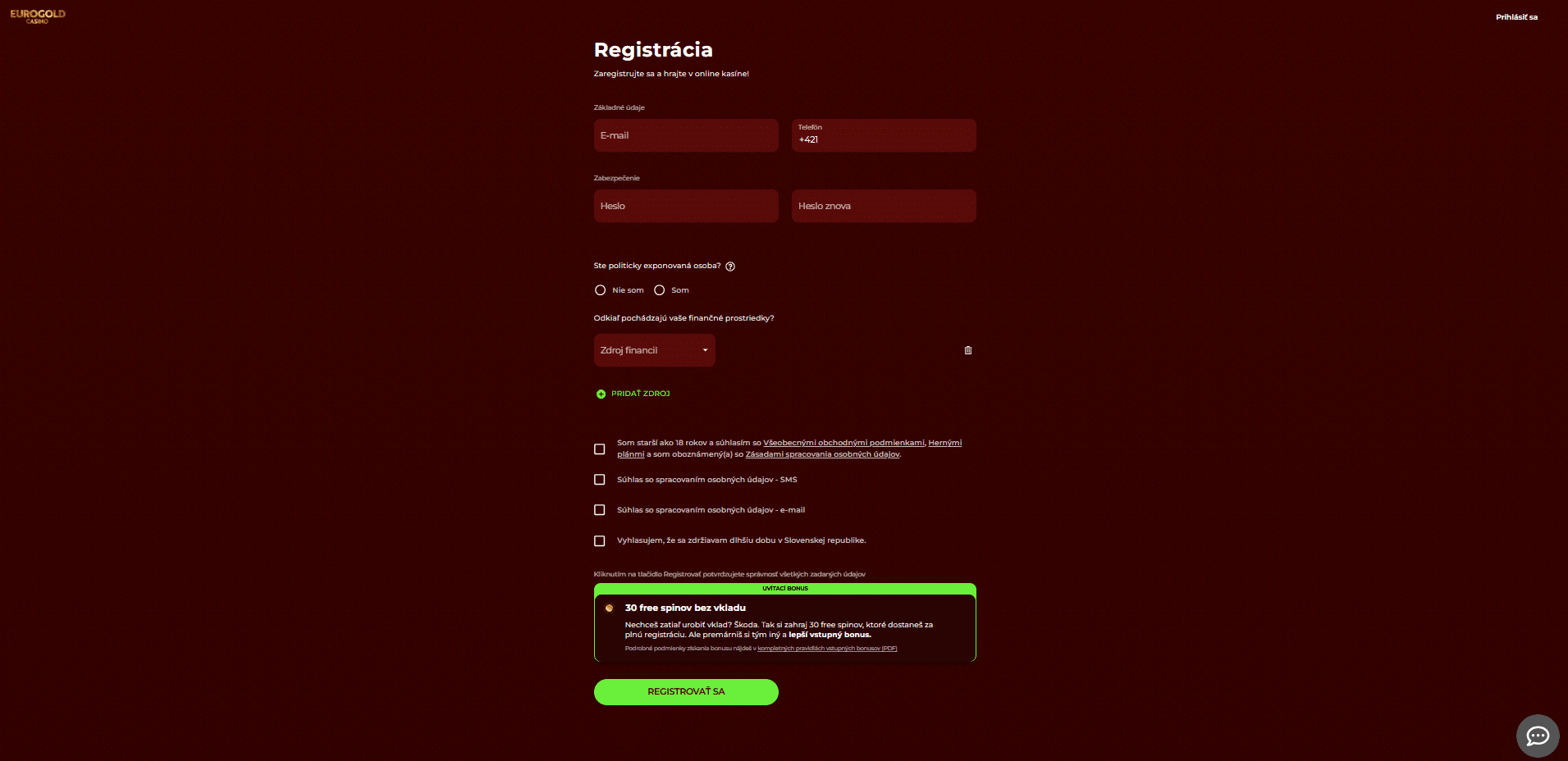 Registrácia v Eurogolde