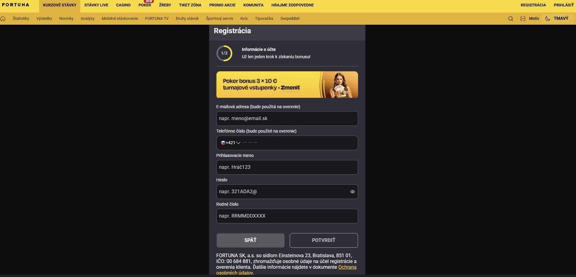 Registrácia vo fortune